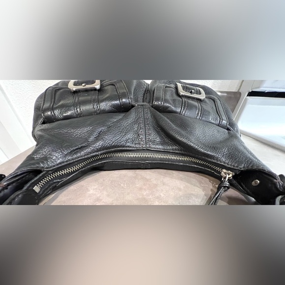 COLE HAAN Hobo Large Leather Shoulder Bag Black Silver Buckles Front Pockets Zip